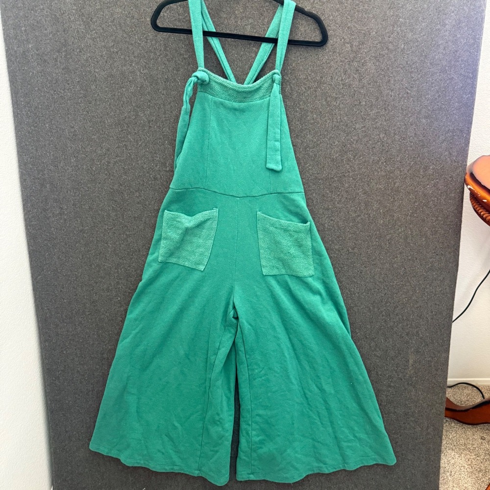Bucket List Green Terry Cloth Wide Leg Overalls Tie Shoulder Jumpsuit Womens